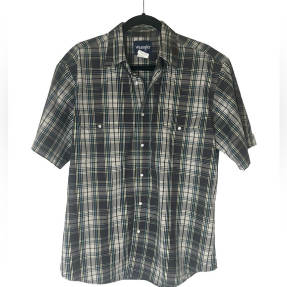 Wrangler gray and black plaid short sleeve men's shirt with pearl snap b… - Picture 1 of 6